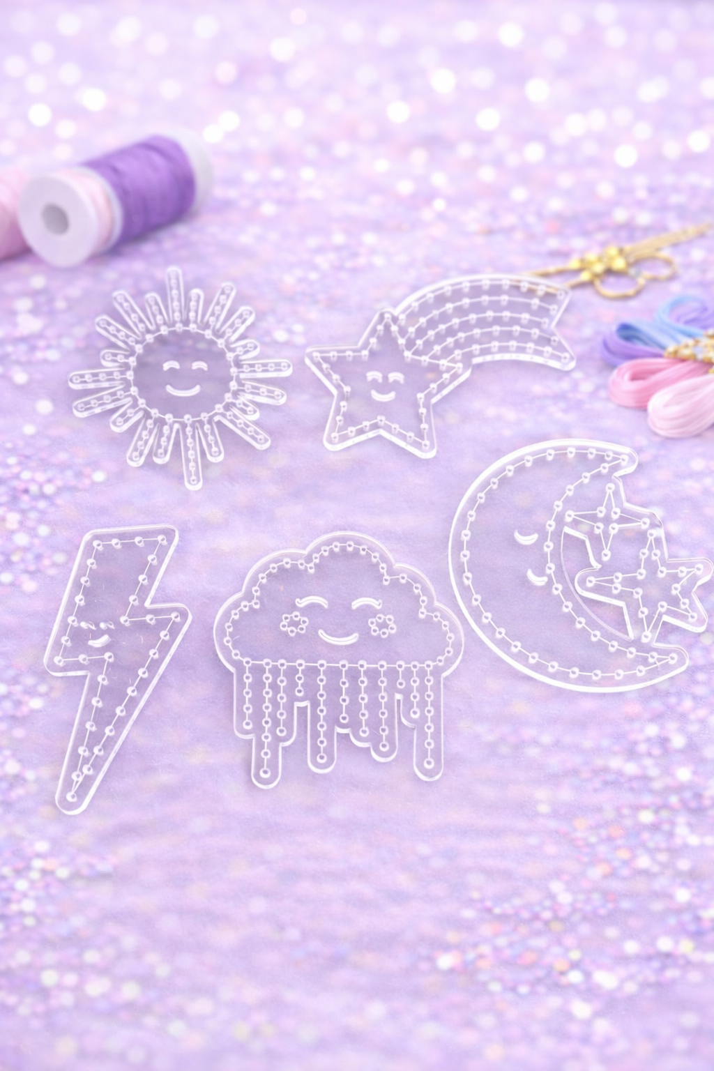 Stars, sun, moon, rainbow, cloud and lighting weather Embroidery Stitching Template for paper crafts like scrapbooking and cardmaking