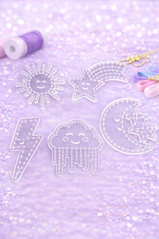 Stars, sun, moon, rainbow, cloud and lighting weather Embroidery Stitching Template for paper crafts like scrapbooking and cardmaking