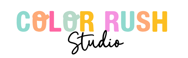 A logo-style graphic on a white background reading 'COLOR RUSH Studio' with the words 'COLOR RUSH' in pastel multicolor letters and 'Studio' in black script below.